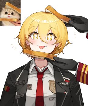 +_+ 1girl 1other :3 black_coat black_gloves blonde_hair bob_cut bread bread_slice cat coat collared_shirt dante_(limbus_company) don_quixote_(project_moon) food gloves highres jeehyung_seo lapels limbus_company long_sleeves looking_at_viewer necktie notched_lapels open_clothes open_coat out_of_frame photo-referenced project_moon red_necktie red_sleeves shirt short_hair simple_background sparkling_eyes toast tongue tongue_out upper_body white_background white_shirt yellow_eyes