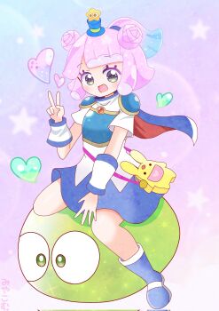 1girl :d animal_bag arle_nadja arle_nadja_(cosplay) armor armored_dress blob blue_footwear blue_skirt blush breastplate cape carbuncle_(puyopuyo) cosplay dress full_body green_eyes half_updo hat highres looking_at_viewer mini_hat mini_top_hat miyakomu monster_girl open_mouth ponytail puniru_(puniru_wa_kawaii_slime) puniru_wa_kawaii_slime puyopuyo short_hair shoulder_armor skirt slime_(substance) slime_girl smile solo top_hat