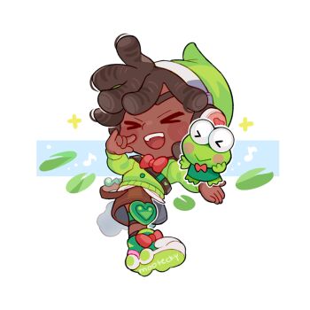 Rule 34 | > <, 1boy, :>, :d, \m/, blush stickers, bow, bowtie, brown hair, cardigan, chibi, commentary, dark-skinned male, dark skin, dreadlocks, eighth note, english commentary, frog, full body, green cardigan, green hat, hasunoue keroppi, hat, headphones, kero kero keroppi, knee pads, lily pad, lucio (overwatch), male focus, mootecky, musical note, open mouth, overwatch, red bow, red bowtie, roller skates, sanrio, skates, smile, teeth, upper teeth only, white background