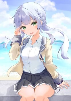 1girl black_skirt blue_sky blurry blush braid breasts day depth_of_field dress_shirt green_eyes highres jacket kashiwagi_saki kinakollll long_hair long_sleeves looking_at_viewer medium_breasts ocean ongeki open_mouth outdoors pleated_skirt school_uniform shirt sitting skirt sky smile solo water white_shirt
