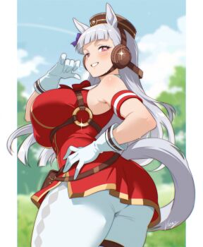 1girl animal_ears armband bare_shoulders belt blue_sky blunt_bangs border breasts brown_belt brown_hat cowboy_shot day dress field from_behind gloves gold_ship_(red_strife)_(umamusume) gold_ship_(umamusume) grey_hair grey_tail grin hair_ornament hand_on_own_hip hand_up hashtag-only_commentary hat highres horse_ears horse_girl horse_tail large_breasts leggings long_hair looking_at_viewer looking_back outdoors outside_border pillarboxed pillbox_hat purple_eyes red_armband red_dress sky sleeveless sleeveless_dress smile solo tail umamusume vizaz white_border white_gloves white_leggings