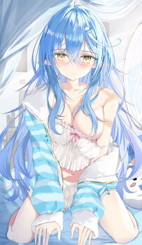 1girl absurdres ahoge blue_hair blue_jacket blush breasts camisole cleavage closed_mouth collarbone commentary_request frilled_camisole frills fur-trimmed_jacket fur_trim hair_between_eyes hair_ornament highres hololive jacket large_breasts long_hair long_sleeves looking_at_viewer nakatako1225 navel official_alternate_costume open_clothes open_jacket partially_unzipped polka_dot polka_dot_camisole polka_dot_skirt sitting skirt sleepwear sleeves_past_wrists smile solo stomach striped_clothes striped_jacket vertical-striped_clothes vertical-striped_jacket very_long_hair virtual_youtuber white_camisole white_skirt yellow_eyes yukihana_lamy yukihana_lamy_(roomwear) yukimin_(yukihana_lamy)