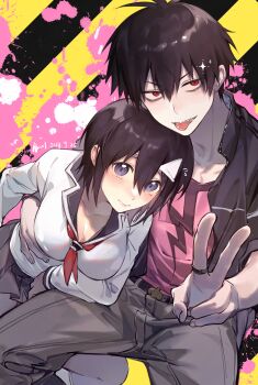 Rule 34 | 1boy, 1girl, arm on another's leg, artist name, blood lad, blush, breasts, brown hair, brown jacket, brown pants, brown skirt, cleavage, closed mouth, collared shirt, commentary, dated, elbow rest, hair between eyes, hand on another's waist, hetero, highres, jacket, jewelry, large breasts, looking at viewer, neckerchief, open clothes, open jacket, pants, pink shirt, red eyes, red neckerchief, ring, sharp teeth, shirt, skirt, teeth, tongue, tongue out, triangular headpiece, undershirt, v, vlad charlie staz, white shirt, xuchuan, yanagi fuyumi