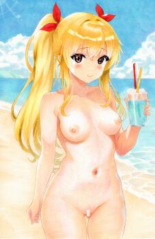 1girl absurdres arm_at_side bar_censor blonde_hair blue_sky blush breasts censored cleft_of_venus closed_mouth cloud collarbone colorful commentary_request completely_nude cowboy_shot crossed_bangs cup day drink drinking_straw eyelashes fingernails glass gluteal_fold hair_between_eyes hair_intakes hair_ribbon hand_up highres hiro_(dolche-101-hiro) holding holding_cup horizon long_bangs long_hair looking_at_viewer marker_(medium) medium_breasts navel nipples nude nudist ocean original outdoors pussy red_eyes red_ribbon ribbon side_ponytail sky smile solo standing stomach traditional_media