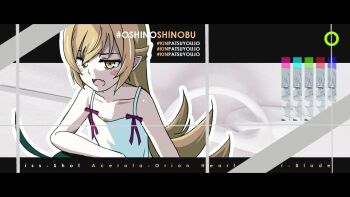1boy 1girl abstract_background ahoge araragi_koyomi arm_at_side arm_on_another&#039;s_head arm_rest bare_arms black_background black_border black_hair blonde_hair blush_stickers border bow carrying character_name circle collage collarbone dress dress_bow fangs flipped_hair frown grey_background hair_between_eyes hair_flaps half-closed_eyes hashtag letterboxed long_hair monogatari_(series) open_mouth oshino_shinobu out_of_frame outline pointy_ears red_bow ringed_eyes shoulder_carry sidelighting sidelocks solo_focus sonikkusupin sundress two-tone_background very_long_hair white_dress white_outline yellow_eyes