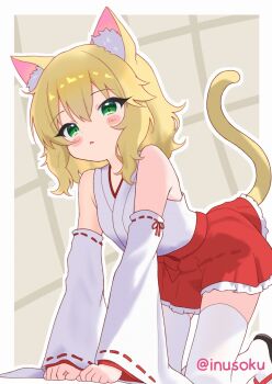 1girl :o all_fours alternate_costume animal_ear_fluff animal_ears blonde_hair blush blush_stickers cat_ears cat_tail commentary_request detached_sleeves green_eyes highres idolmaster idolmaster_cinderella_girls inusoku kemonomimi_mode outline red_skirt sakurai_momoka shirt skirt solo tail tail_under_clothes thighhighs twitter_username white_outline white_shirt white_thighhighs