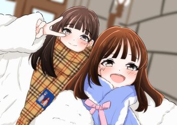 Rule 34 | 2girls, :d, animification, blue scarf, blurry, blurry background, blush, brown hair, brown scarf, choppy bangs, closed mouth, coat, commentary, daime (hyahhaa10), dutch angle, hayama fuka, highres, long hair, looking at viewer, multiple girls, nirei nozomi, open mouth, photo-referenced, plaid clothes, plaid scarf, real life, scarf, selfie, smile, split mouth, teeth, upper teeth only, v, v over eye, voice actor, white coat, winter clothes, winter coat
