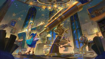 arm_up beard book bookshelf boots candle cat facial_hair hand_on_own_hip hat highres indoors interior jenishiiarts long_beard long_sleeves map original paper picture_frame pink_hair robe scenery shorts slippers smile star_(symbol) telescope very_long_beard window witch witch_hat