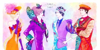 2boys 2girls black_hair blonde_hair blue_eyes brown_hair carlotta_mariposa disneyland dress fashionable_easter gloria_de_mode gloves hat highres hugo_verjules multiple_boys multiple_girls nerigoma p.a._ocean_seamarine purple_eyes red_eyes short_hair smile top_hat upper_body yellow_eyes