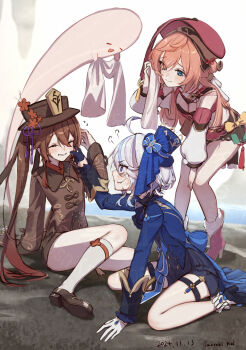 3girls antlers aqua_eyes artist_name bare_legs black_gloves black_hat black_shirt black_shoes black_shorts blue_eyes blue_hat blue_jacket boo_tao_(genshin_impact) boots breasts brown_hair cheek_pinching cleavage crop_top dated deer_antlers detached_sleeves flower furina_(genshin_impact) genshin_impact gloves hat highres horns hu_tao_(genshin_impact) imasaki_kei jacket long_hair long_sleeves multiple_girls pinching pink_hair red_boots red_flower red_hat red_skirt ribbon scarf shirt shoes short_hair shorts simple_background skirt socks thigh_strap twintails twitter_username white_background white_gloves white_hair white_sleeves white_socks yanfei_(genshin_impact) yellow_ribbon