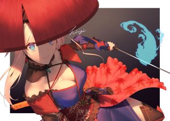 1girl asymmetrical_hair black_background black_thighhighs blue_eyes blue_kimono border breasts cleavage detached_sleeves earrings fate/grand_order fate_(series) hat hiiragi_(karashriker) holding holding_sword holding_weapon japanese_clothes jewelry katana kimono leaf leaf_earrings leaf_print looking_at_viewer magatama magatama_necklace maple_leaf maple_leaf_print miyamoto_musashi_(fate) necklace outside_border pink_hair red_hat sandogasa sheath short_kimono sleeveless sleeveless_kimono solo swept_bangs sword thighhighs weapon white_border