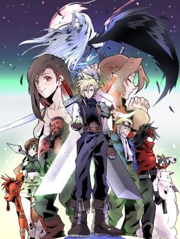 3girls 6+boys aerith_gainsborough armor ascot baggy_pants barret_wallace black_hair black_wings blonde_hair blue_jacket blue_sweater boots brown_gloves brown_hair buster_sword cait_sith_(final_fantasy) cape cid_highwind cloak cloud_strife commentary_request dark-skinned_male dark_skin final_fantasy final_fantasy_vii full_body gloves goggles goggles_on_head green_sweater grey_hair headband highres jacket long_hair masamune_(ff7) moogle motsutei multiple_boys multiple_girls ninja open_fly orange_fur pants praying red_cape red_cloak red_eyes red_headband red_xiii sephiroth short_hair shorts shoulder_armor single_wing sleeveless sleeveless_turtleneck spiked_hair standing sweater sword sword_on_back tank_top tifa_lockhart turtleneck turtleneck_sweater upper_body vincent_valentine weapon weapon_on_back white_ascot white_tank_top wings yuffie_kisaragi zack_fair