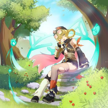 1girl artist_request asymmetrical_legwear black_boots black_shorts blonde_hair blue_sky boots braid braided_hair_rings brown_thighhighs commentary detached_sleeves english_commentary facing_viewer full_body genshin_impact goggles goggles_on_head hair_rings highres jahoda_(genshin_impact) leg_warmers long_sleeves mechanical_arms mismatched_legwear one_eye_closed open_mouth outdoors red_socks second-party_source shorts single_leg_warmer single_mechanical_arm single_thighhigh sitting sky smile socks socks_over_thighhighs solo star-shaped_pupils star_(symbol) symbol-shaped_pupils thighhighs torn_clothes torn_thighhighs white_leg_warmers yellow_eyes