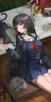 Rule 34 | 1girl, absurdres, arm cutout, black cat, black choker, black hair, black jacket, black serafuku, black shirt, black skirt, breasts, cat, chisa (wuthering waves), choker, closed mouth, clothing cutout, collarbone, commentary, hair ribbon, hand up, high-waist skirt, highres, id card, jacket, kili (happy kili), long hair, long sleeves, looking at animal, looking to the side, medium breasts, neckerchief, red eyes, red neckerchief, red ribbon, ribbon, sailor collar, school uniform, serafuku, shirt, sitting, skirt, smile, solo, thighs, turning head, white sailor collar, wuthering waves