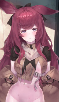 1girl :| absurdres animal_ears areola_slip arknights belt black_scarf blush bottomless breasts brown_jacket closed_mouth clothes_down crop_top cropped_shirt crossed_bangs exhibitionism groin highres jacket large_breasts long_hair looking_at_viewer midriff navel open_clothes out-of-frame_censoring pink_hair public_indecency purple_eyes ray_(arknights) scarf short_sleeves sicsic49 solo staring stomach sweat thighs very_long_hair white_belt