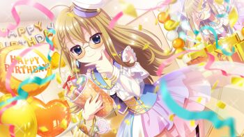 1girl ahoge bag balloon birthday black_necktie blonde_hair blue_corset blue_eyes blue_skirt blurry blurry_foreground braid candy closed_mouth confetti corset dutch_angle fang film_grain food furumi_chie game_cg gift gift_bag glasses hand_on_own_chin handbag happy_birthday hat headset heart_balloon holding holding_gift idol idol_clothes indoors izumi_tsubasu layered_skirt lollipop long_hair looking_at_viewer mini_hat multicolored_skirt necktie non-web_source official_art one_eye_closed orange-tinted_eyewear pink_skirt poster_(object) purple_skirt re:stage! sailor_hat salute screen short_necktie skin_fang skirt solo sparkle streamers sweets tilted_headwear tinted_eyewear white_hat white_skirt yellow_bag yellow_skirt