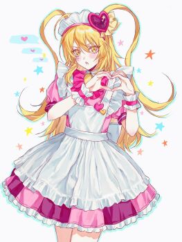 1girl absurdres alternate_costume apron blonde_hair blush bow bowtie collared_dress cowboy_shot don_quixote_(project_moon) dress e.g.o_(project_moon) enmaided frilled_apron frilled_dress frills hair_ornament heart heart_hair_ornament heart_hands highres in_the_name_of_love_and_hate_(e.g.o) limbus_company long_hair looking_at_viewer maid maid_apron maid_headdress moe_moe_kyun! pink_bow pink_bowtie pink_dress project_moon short_sleeves simple_background solo star_(symbol) two_side_up white_background wrist_cuffs xiaorourose yellow_eyes