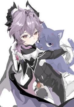1boy 1other annoyed cat closed_mouth dragon_boy dragon_horns dragon_wings durin_(genshin_impact) genshin_impact gloves heekimoni highres horns looking_at_viewer looking_to_the_side open_mouth pink_eyes purple_hair scaramouche_(cat)_(genshin_impact) scaramouche_(genshin_impact) white_gloves wings