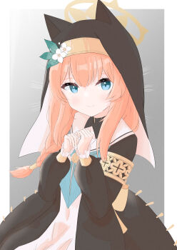 Rule 34 | 1girl, absurdres, animal ear headwear, armband, blue archive, blue eyes, blue neckerchief, border, bow, braid, fake animal ears, flower, frills, grey background, habit, hair between eyes, hair tubes, halo, hands up, hat, hat flower, highres, kusa mura, light blush, light smile, long hair, looking at viewer, mari (blue archive), neckerchief, nun, orange hair, own hands together, sailor collar, simple background, single braid, smile, solo, waist bow, white sailor collar