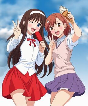 2000s_(style) 2026 black_hair blue_eyes blue_sky blush brown_eyes brown_hair cloud cloudy_sky commission crossover flower food hair_flower hair_ornament hairband happy ice_cream ice_cream_cone long_hair looking_at_viewer misaka_mikoto one_eye_closed open_mouth peace_symbol popsicle popsicle_stick short_hair skirt sky skylerkai soft_serve teeth thighs toaru_kagaku_no_railgun toaru_majutsu_no_index tohno_akiha tokiwadai_school_uniform tongue tsukihime white_hairband wink