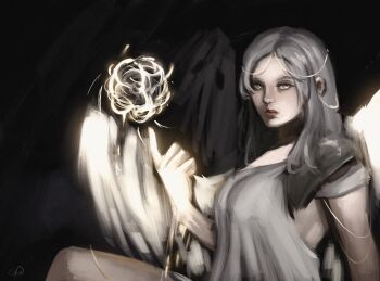 1girl aegyo_sal black_wings clothing_cutout dress expressionless feathered_wings glowing gloxartx grey_hair hair_over_shoulder hand_up highres index_finger_raised knee_up looking_at_viewer magic nephis_(shadow_slave) shadow_slave side_cutout solo white_dress wings yellow_eyes