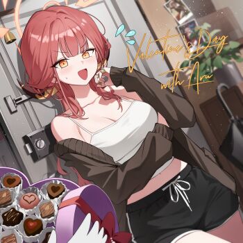 1girl 1other :d absurdres arm_under_breasts aru_(blue_archive) black_shorts blue_archive blurry blush box box_of_chocolates breasts brown_cardigan camisole candy cardigan chocolate chocolate_heart cleavage demon_girl demon_horns depth_of_field dolphin_shorts door doorbell dutch_angle flying_sweatdrops food gift gift_box halo hand_up heart heart-shaped_box heart-shaped_food highres holding holding_gift horns indoors large_breasts long_hair long_sleeves looking_at_viewer midriff navel off_shoulder okkimon open_mouth parasol photo_(object) plant potted_plant red_hair short_shorts shorts smile umbrella v-shaped_eyebrows valentine white_camisole yellow_eyes yellow_halo
