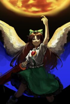 Rule 34 | 1girl, absurdres, arm up, blue cape, bow, brown hair, cape, elvencliff, green bow, green skirt, highres, index finger raised, long hair, looking at viewer, red eyes, reiuji utsuho, shirt, short sleeves, skirt, smile, solo, third eye on chest, touhou, two-tone cape, white cape, white shirt, wings