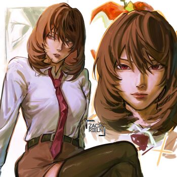 1girl belt_buckle black_thighhighs breasts brown_hair brown_shorts buckle closed_mouth crossed_legs death_note feet_out_of_frame genderswap genderswap_(mtf) hair_between_eyes highres large_breasts long_sleeves looking_at_viewer looking_to_the_side medium_hair multiple_views necktie parted_lips portrait red_eyes red_necktie shirt shirt_tucked_in shorts sitting solo teeth tented_shirt thighhighs waist_belt white_shirt yagami_light zacarieln zettai_ryouiki