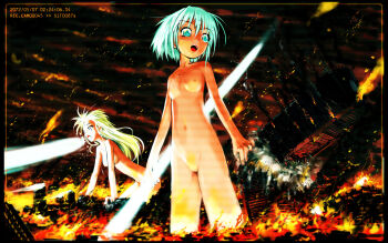2girls alf874 blonde_hair breasts building camera_view city collapsing convenient_censoring dark_sky destruction fire future giant giantess green_eyes green_hair halo highres invasion loli long_hair medium_breasts mouth_beam multiple_girls nipples nude pussy pussy_peek short_hair smoke uncensored weapon