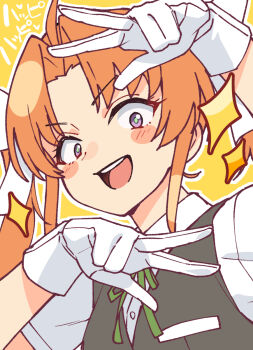1girl ahoge blush_stickers collared_shirt commentary_request double_v dress_shirt grey_vest highres kagerou_(kancolle) kantai_collection orange_hair purple_eyes shirt smile solo sparkle taketora_suzume twintails upper_body v vest white_shirt yellow_background