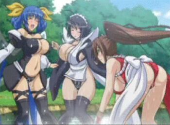 3girls animated animated_gif anime_screenshot arc_system_works ass black_hair blue_hair blush bouncing_breasts breasts brown_hair center_opening cleavage closed_eyes crossover dizzy_(guilty_gear) fatal_fury guilty_gear highleg highleg_leotard huge_breasts iroha_(samurai_spirits) knees_together_feet_apart large_breasts leaning_forward leotard long_hair lowres multiple_girls one_eye_closed outdoors ponytail queen&#039;s_blade queen&#039;s_gate queen&#039;s_gate_spiral_chaos revealing_clothes samurai_spirits shiranui_mai sideboob smile snk splashing standing tail the_king_of_fighters thighhighs very_long_hair wading water wings