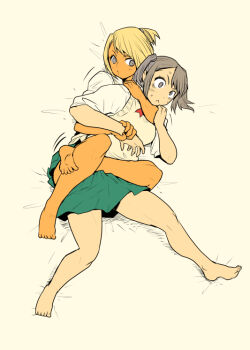 2girls blonde_hair fujita_kakuji jiu-jitsu multiple_girls panties skirt strangling underwear wrestling