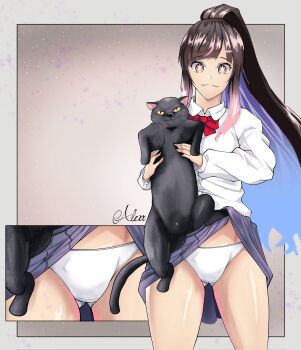 1girl animal artist_name blue_hair blue_skirt border bow bowtie breasts brown_hair cat closed_mouth clothes_lift clueless colored_inner_hair dot_nose feet_out_of_frame gradient_background grey_background grey_border happy indie_virtual_youtuber kenseialexx lifting_another&#039;s_clothes long_hair long_sleeves looking_at_viewer lower_body medium_breasts multicolored_hair multiple_views orange_eyes panties pink_hair ponytail red_bow red_bowtie school_uniform shirt simple_background skirt skirt_lift smile standing star-shaped_pupils star_(symbol) symbol-shaped_pupils two-tone_hair underwear virtual_youtuber white_panties white_shirt yomeguri_hana