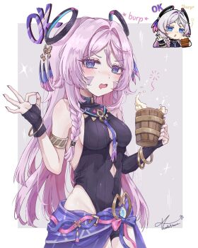 1girl alcohol armlet asymmetrical_gloves bare_shoulders beer beer_mug black_gloves black_leotard blue_eyes blush bracelet braid breasts citlali_(genshin_impact) commentary cowboy_shot cryo_symbol_(genshin_impact) cup drunk facial_mark fingerless_gloves floating_headgear forehead_mark genshin_impact genshin_impact_sticker_redraw_(meme) gloves grey_background hair_intakes headgear highres holding holding_cup jewelry leotard long_hair looking_at_viewer medium_breasts meme mug official_art_inset ok_sign open_mouth pink_hair pink_pupils sideboob signature triangle triangle_facial_mark twin_braids uneven_gloves vanillashiii vision_(genshin_impact)