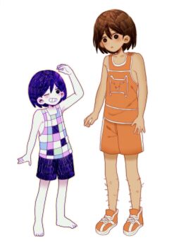 2boys :o ;d absurdres arm_at_side arm_up arms_at_sides bare_arms bare_legs bare_shoulders barefoot black_eyes blush bright_pupils brown_hair checkered_clothes checkered_shirt collarbone colored_skin commentary double-parted_bangs dual_persona english_commentary eye_contact full_body grin hair_behind_ear hair_between_eyes happy_birthday hatching_(texture) highres kel_(faraway)_(omori) kel_(headspace)_(omori) kel_(omori) leg_hair looking_at_another male_focus multiple_boys my_loleeta omori one_eye_closed open_mouth orange_shoes orange_shorts orange_tank_top outline purple_hair purple_shorts purple_tank_top shirt shoes short_hair shorts simple_background sleeveless sleeveless_shirt smile standing tank_top tearing_up toes white_background white_pupils white_skin wide-eyed yellow_outline