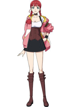 1girl anime_coloring blunt_bangs boots breasts brown_boots coat code_geass:_pule_almaria dress green_eyes highres jewelry knee_boots low_twintails neck_ring official_art pink_coat red_hair satori_richelieu smile twintails