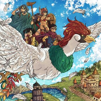 Rule 34 | 2boys, 2girls, abs, armor, bikini armor, bird, black gloves, black hair, blue tunic, breasts, brick wall, brown gloves, castle, circlet, cleavage, cloak, closed mouth, dragon quest, dragon quest iii, elbow gloves, falling feathers, feathers, gem, gloves, green gem, green robe, hair between eyes, hand in own hair, hand on own hip, helmet, highres, holding, holding shield, holding weapon, long hair, martial artist (dq3), medium breasts, midriff, multiple boys, multiple girls, navel, neckerchief, open mouth, pants, pelvic curtain, purple cloak, purple hair, red gloves, red helmet, red neckerchief, riding, riding bird, river, robe, roto (dq3), sage (dq3), shield, shirt, short hair, shoulder armor, smile, toriga, tower, tunic, twintails, warrior (dq3), weapon, white feathers, winged helmet, yellow pants, yellow shirt