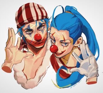 1boy aqua_eyes bandana blue_eyes blue_hair buggy_the_clown clown_nose disembodied_hand dual_persona earrings facepaint facial_mark gloves hand_up highres jewelry long_hair makeup male_focus multiple_earrings one_piece one_piece_(live_action) ponytail red_nose shirt simple_background solo striped_clothes translation_request upper_body vamos_mk white_background white_gloves