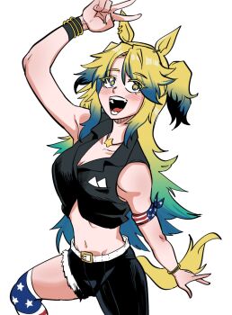 1girl :d american_flag american_flag_print animal_ears arm_up asymmetrical_clothes bangle black_pants black_shirt blonde_hair blue_hair bracelet breasts cleavage collared_shirt colored_eyelashes dinoyhs dress_shirt flag_print gradient_hair green_hair highres horse_ears horse_girl horse_tail jewelry medium_breasts multicolored_hair obey_your_master_(umamusume) open_mouth pants print_thighhighs shirt simple_background single_pantsleg single_thighhigh sleeveless sleeveless_shirt smile solo star-shaped_pupils star_(symbol) symbol-shaped_pupils tail thighhighs umamusume v white_background
