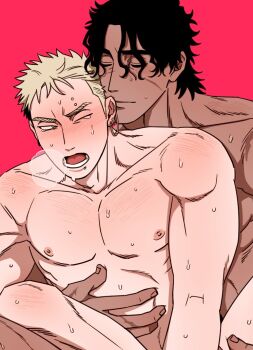 2boys anal bad_id bad_twitter_id balnom bara black_hair blonde_hair blush body_blush breath closed_eyes completely_nude couple dark-skinned_male dark_skin facial_hair implied_sex interracial male_focus male_penetrated multiple_boys muscular muscular_male nipples nude one_eye_closed original pectorals pink_background sex short_hair sideburns sideburns_stubble straddling stubble sweat tearing_up upper_body upright_straddle very_sweaty yaoi