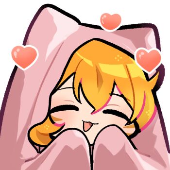 1girl animal_ears blanket cat_ears cat_girl chibi closed_eyes commission commissioner_upload emoji facepaint facial_mark fire_emblem fire_emblem:_radiant_dawn gliesse82_5 hair_between_eyes happy heart laguz_(fire_emblem) lyre_(fire_emblem) nintendo open_mouth orange_hair pink_blanket solo under_covers whisker_markings