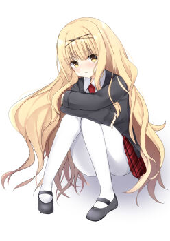 Rule 34 | 1girl, absurdres, biiru, black footwear, black hairband, black jacket, blonde hair, collared shirt, full body, hairband, highres, jacket, long hair, long sleeves, mashiro rima, necktie, pantyhose, plaid clothes, plaid skirt, red necktie, red skirt, school uniform, seiyo academy school uniform, shirt, shugo chara!, sitting, skirt, solo, wavy hair, white background, white pantyhose, white shirt, yellow eyes