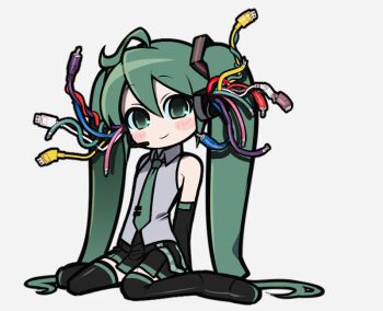 1girl ahoge blue_eyes blue_hair blush boots collar detached_sleeves hair_spread_out hatsune_miku headset jjjjtaaaku looking_at_viewer low_twintails necktie shirt sitting skirt sleeveless sleeveless_shirt smile solo square_hair_ornament thigh_boots thighhighs tie_clip twintails vocaloid wariza white_background wire zettai_ryouiki