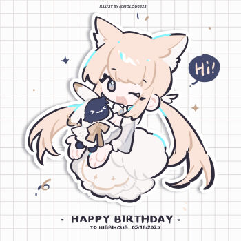 Rule 34 | 1girl, ;d, animal ears, blonde hair, bow, bowtie, cat ears, cat girl, chibi, chibi only, commentary, dated, dress, english commentary, full body, grey eyes, grid background, happy birthday, highres, long hair, long sleeves, looking at viewer, low twintails, moroo, one eye closed, open mouth, original, rabbit, smile, solo, speech bubble, twintails, twitter username, white background, white bow, white bowtie, white dress