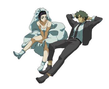 Rule 34 | 1boy, 1girl, black pants, black suit, bridal veil, bride, commentary, cowboy bebop, dress, english commentary, faye valentine, formal clothes, highres, jacket, necktie, pants, sona (mmediocreman), spike spiegel, suit, suit jacket, veil, wedding dress, white dress