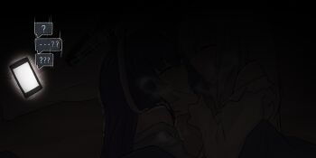 2girls 743_(743rd_bat) after_kiss black_halo blue_archive blue_halo blush cellphone closed_eyes commentary dashed_eyes eye_contact halo highres long_sleeves looking_at_another lying mechanical_halo multicolored_halo multiple_girls noa_(blue_archive) noa_(pajamas)_(blue_archive) on_side open_mouth phone pillow purple_eyes purple_hair saliva saliva_trail short_sleeves smartphone symbol-only_commentary tongue tongue_out two-tone_halo under_covers variant_set white_hair white_halo yuri yuuka_(blue_archive) yuuka_(pajamas)_(blue_archive)