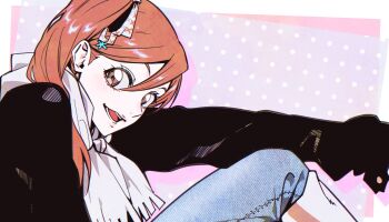 Rule 34 | 1girl, absurdres, black jacket, bleach, brown eyes, denim, female focus, hair ornament, hairclip, highres, inoue orihime, jacket, jeans, long hair, n (nauki 11), open mouth, orange hair, pants, scarf, sitting, upper body