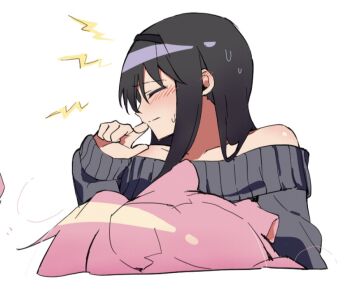Rule 34 | 2girls, akemi homura, animal ears, ban45601, bare shoulders, black hair, black hairband, blush, closed eyes, closed mouth, dog ears, grey sweater, hairband, hand up, kaname madoka, kemonomimi mode, long hair, mahou shoujo madoka magica, mahou shoujo madoka magica (anime), multiple girls, off-shoulder sweater, off shoulder, pink hair, sweat, sweater