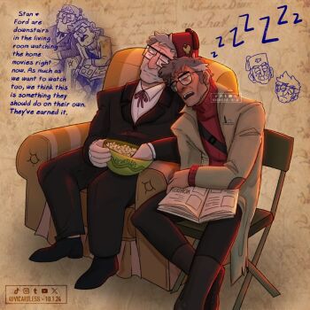 2boys armchair artist_name backlighting big_nose black_jacket black_pants black_shoes blazer book boots bowl brothers brown_boots chair chibi chibi_inset closed_eyes closed_mouth coat collared_shirt commentary dated english_commentary english_text fez_hat food ford_pines glasses gravity_falls grey_hair grunkle_stan hat head_on_another&#039;s_shoulder holding holding_book holding_bowl jacket multiple_boys neck_ribbon old old_man on_chair open_book open_clothes open_coat open_mouth pants paper_background plump popcorn receding_hairline red_ribbon red_sweater ribbon shirt shoes short_hair siblings sketch_inset sleeping sweater tan teeth turtleneck turtleneck_sweater twins twitter_username upper_teeth_only vicartless white_shirt wrinkled_skin zzz