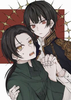 2boys absurdres aiguillette axis_powers_hetalia black_hair black_jacket blunt_ends border breast_pocket brown_eyes china_(hetalia) collared_jacket earrings epaulettes fingernails green_jacket hand_on_another&#039;s_shoulder hand_up highres holding_hands jacket japan_(hetalia) jewelry long_hair long_sleeves low_ponytail male_focus military military_jacket military_uniform mouri_hatiya multiple_boys open_clothes open_jacket open_mouth outside_border pocket ponytail red_background red_eyes shirt short_hair sidelocks simple_background sweatdrop teeth upper_body white_border white_shirt yaoi